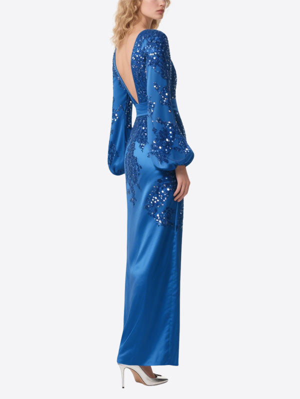 Blue Satin Sequin Gown Bell Sleeve Deep V Evening Dress