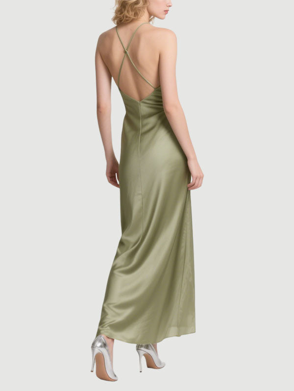 Olive Green Halter Satin Gown with Floral Detail Formal Evening Dress