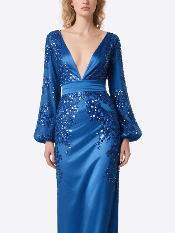Blue Satin Sequin Gown Bell Sleeve Deep V Evening Dress