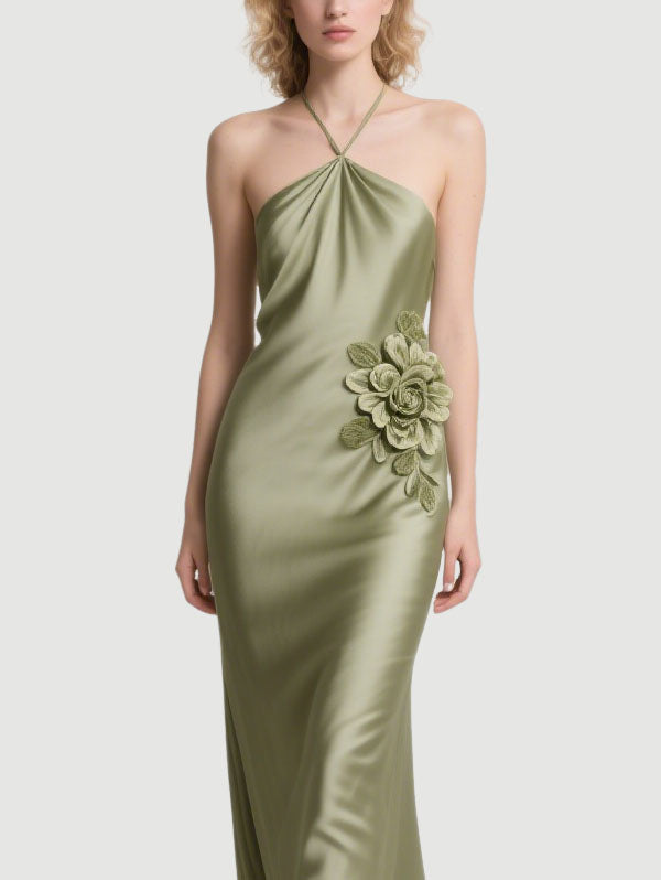 Olive Green Halter Satin Gown with Floral Detail Formal Evening Dress