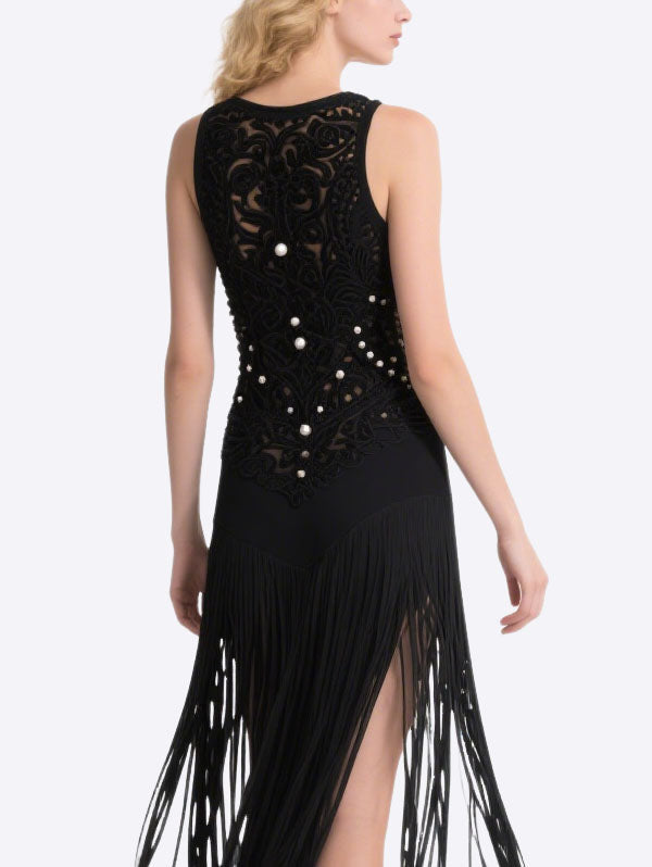 Black Fringe Cut Out Embroidered Dress