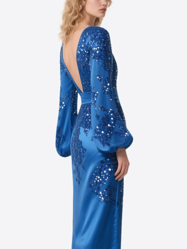 Blue Satin Sequin Gown Bell Sleeve Deep V Evening Dress