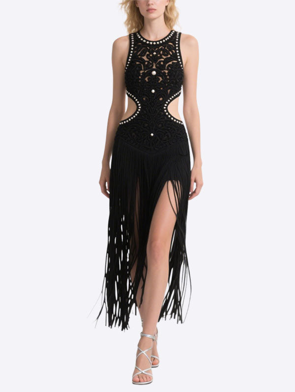 Black Fringe Cut Out Embroidered Dress