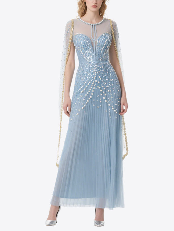 Light Blue Pearl Embellished Tulle Gown with Sheer Cape Sleeves