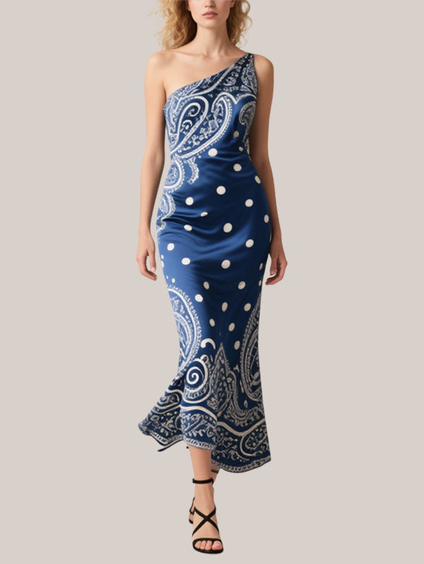 Blue One Shoulder Paisley Polka Dot Midi Dress Women's Elegant Party Wear