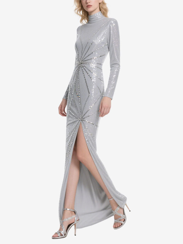 Silver Sequin High Neck Gown with Slit Glamorous Evening Wear