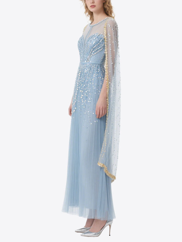 Light Blue Pearl Embellished Tulle Gown with Sheer Cape Sleeves