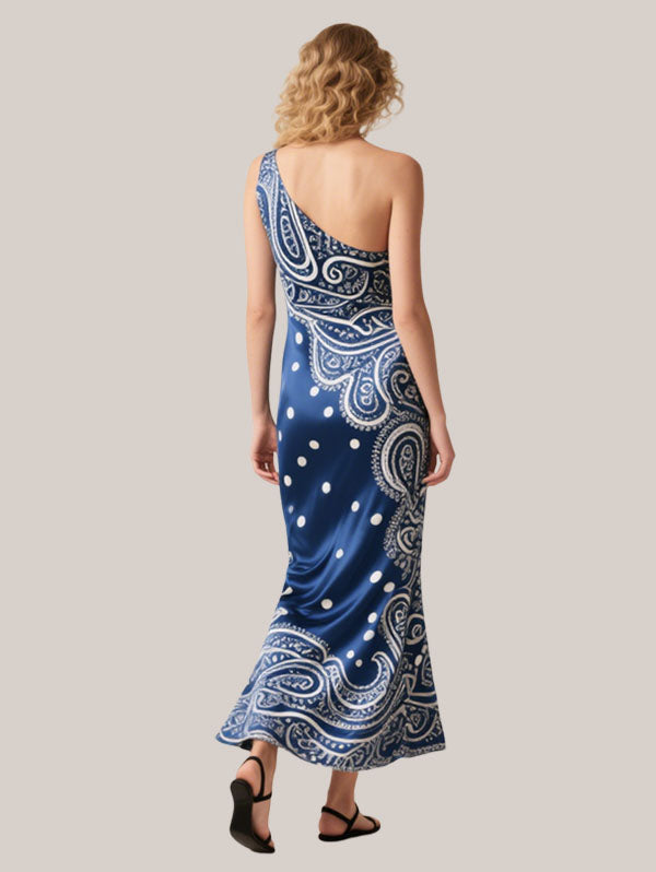 Blue One Shoulder Paisley Polka Dot Midi Dress Women's Elegant Party Wear