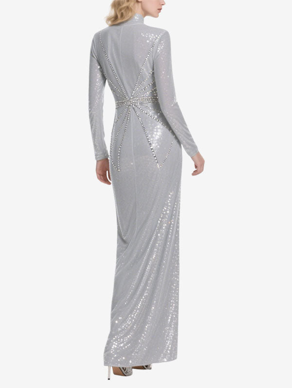 Silver Sequin High Neck Gown with Slit Glamorous Evening Wear