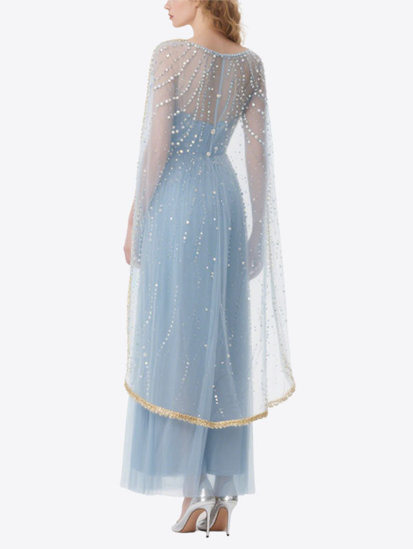 Light Blue Pearl Embellished Tulle Gown with Sheer Cape Sleeves