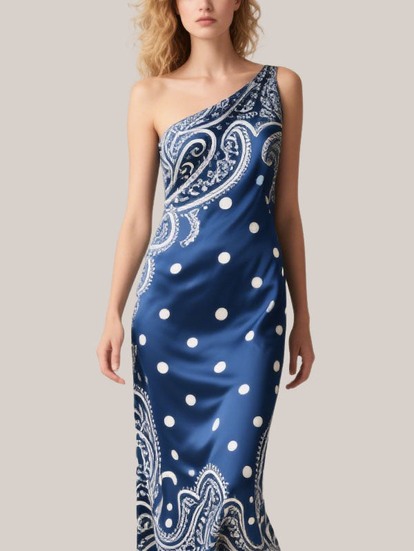 Blue One Shoulder Paisley Polka Dot Midi Dress Women's Elegant Party Wear