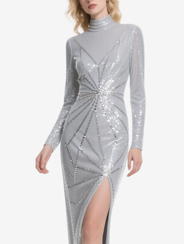 Silver Sequin High Neck Gown with Slit Glamorous Evening Wear