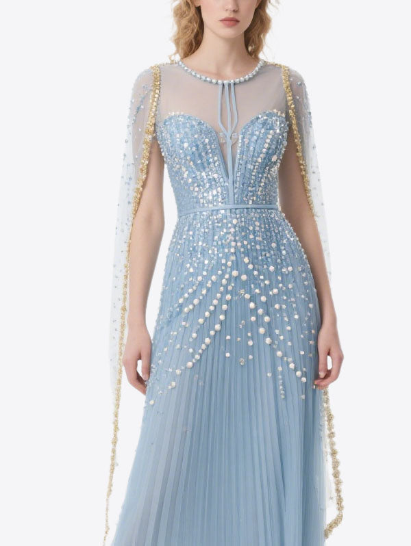 Light Blue Pearl Embellished Tulle Gown with Sheer Cape Sleeves