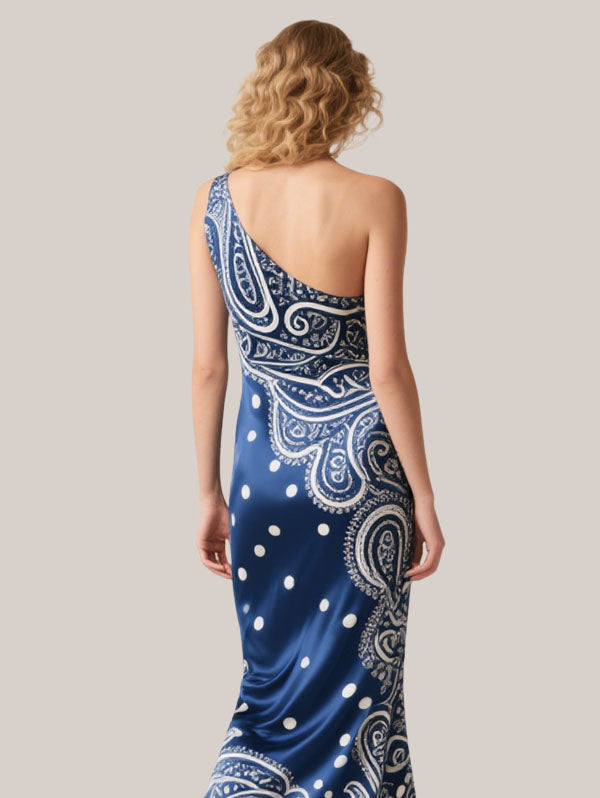Blue One Shoulder Paisley Polka Dot Midi Dress Women's Elegant Party Wear