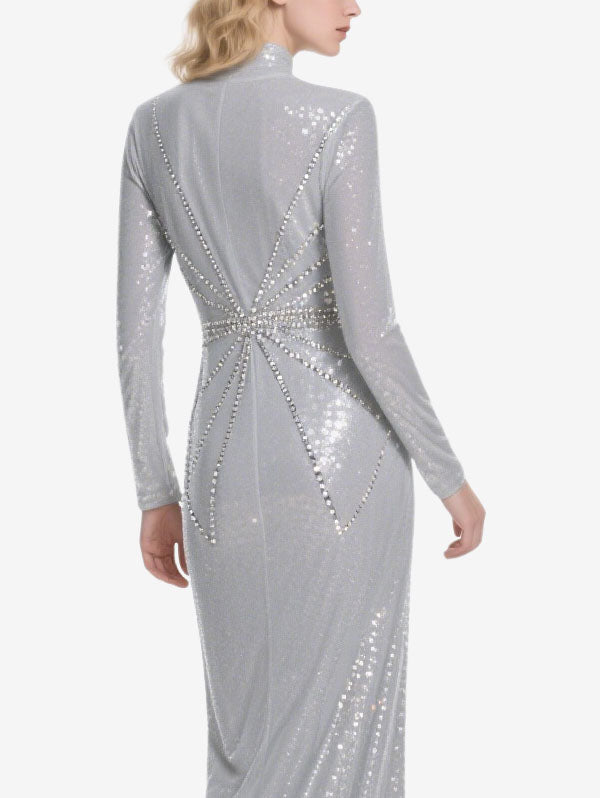Silver Sequin High Neck Gown with Slit Glamorous Evening Wear