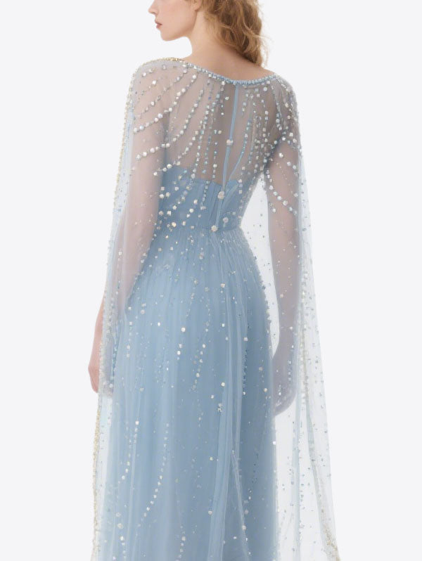 Light Blue Pearl Embellished Tulle Gown with Sheer Cape Sleeves