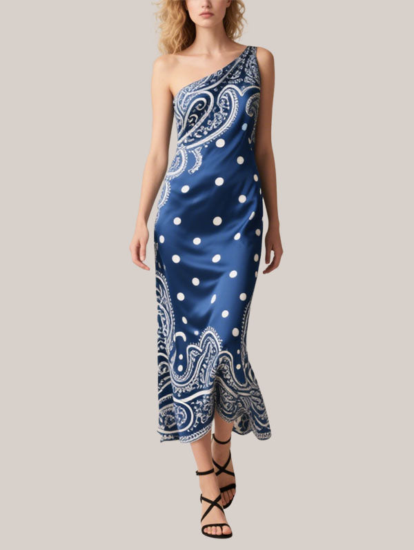 Blue One Shoulder Paisley Polka Dot Midi Dress Women's Elegant Party Wear