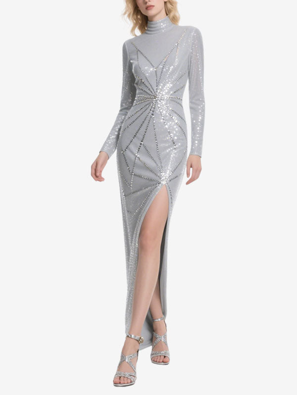 Silver Sequin High Neck Gown with Slit Glamorous Evening Wear