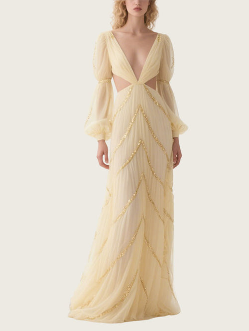 Beige Tulle Cut Out Gown Formal Event Dress