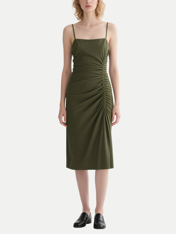 Olive Green Ruched Slip Midi Dress Women's Minimalist Casual Outfit