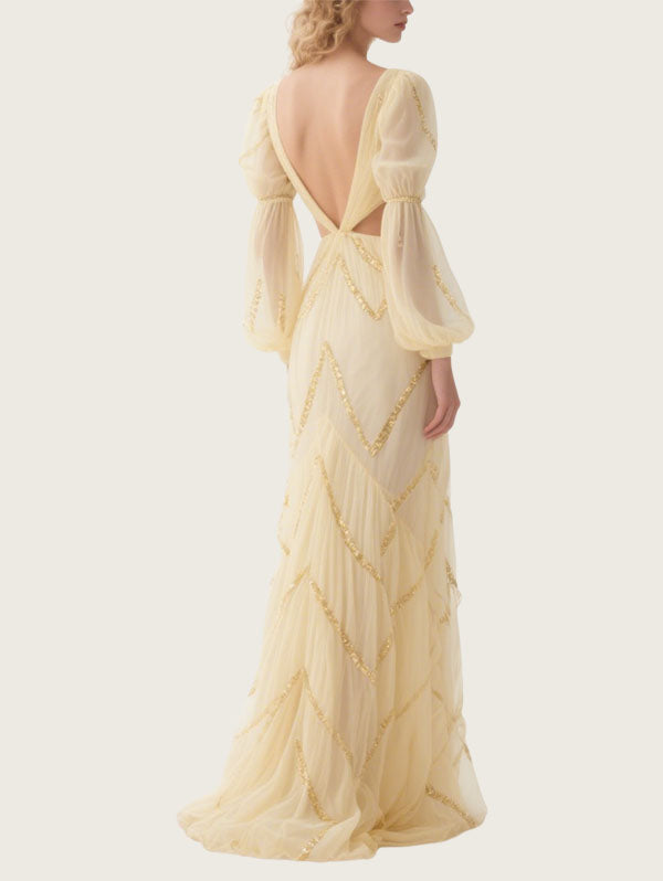 Beige Tulle Cut Out Gown Formal Event Dress