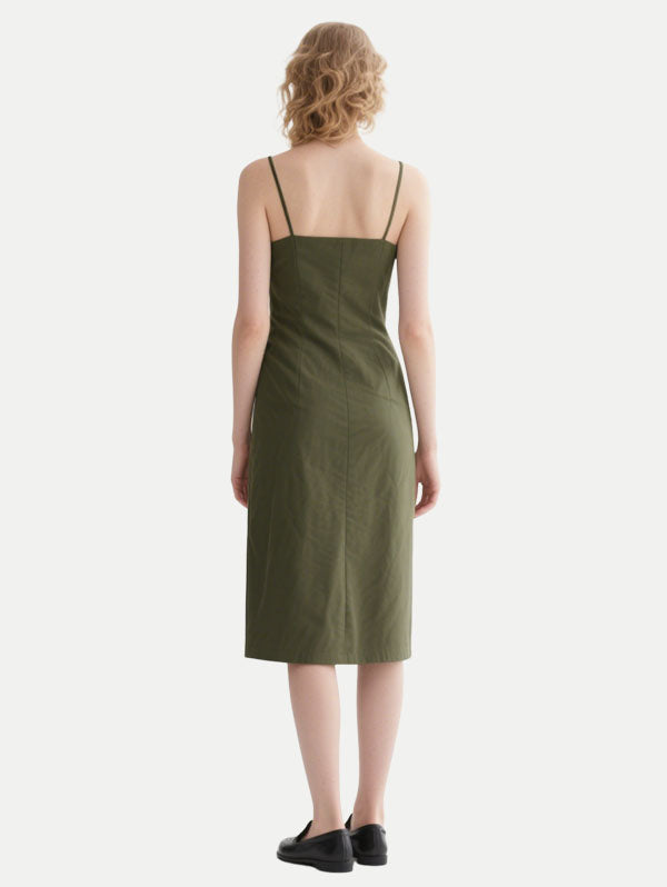 Olive Green Ruched Slip Midi Dress Women's Minimalist Casual Outfit