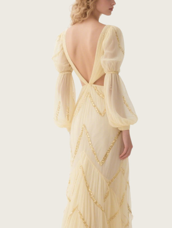 Beige Tulle Cut Out Gown Formal Event Dress