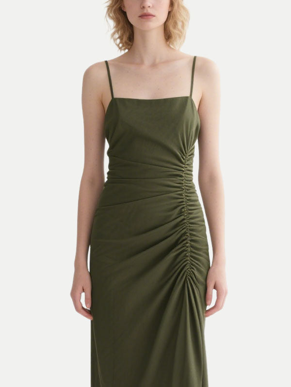 Olive Green Ruched Slip Midi Dress Women's Minimalist Casual Outfit