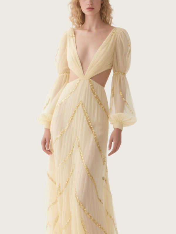 Beige Tulle Cut Out Gown Formal Event Dress