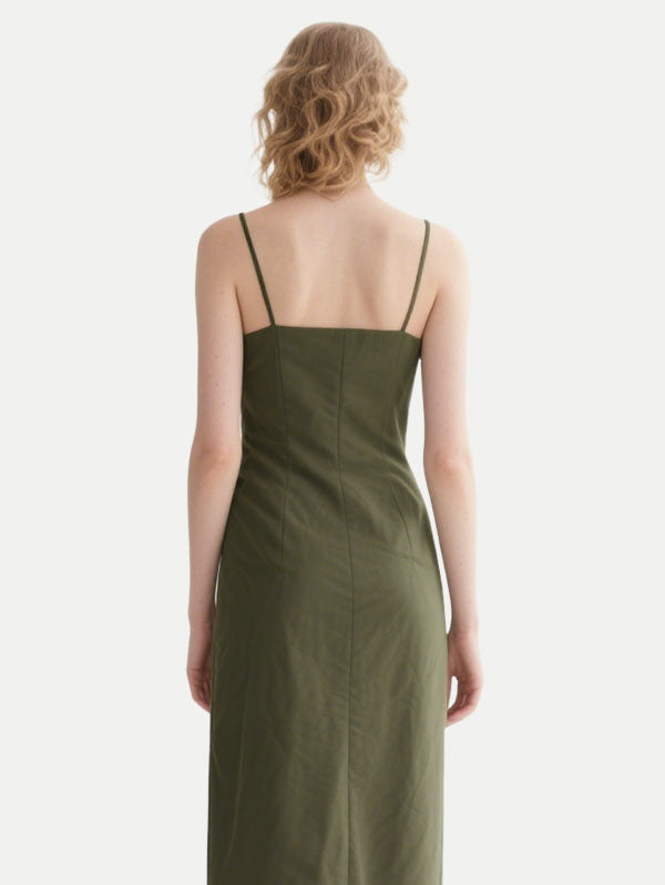 Olive Green Ruched Slip Midi Dress Women's Minimalist Casual Outfit