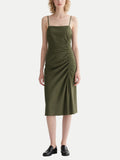 Olive Green Ruched Slip Midi Dress Women's Minimalist Casual Outfit