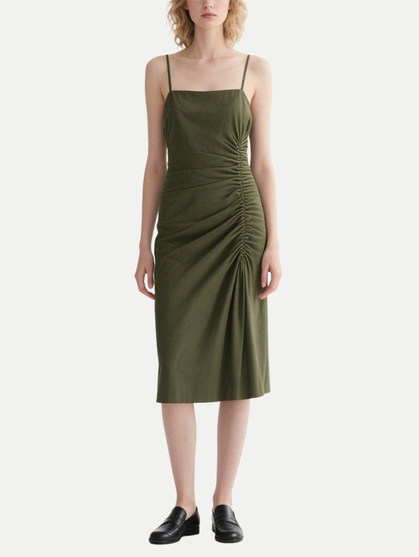Olive Green Ruched Slip Midi Dress Women's Minimalist Casual Outfit