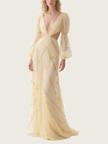 Beige Tulle Cut Out Gown Formal Event Dress
