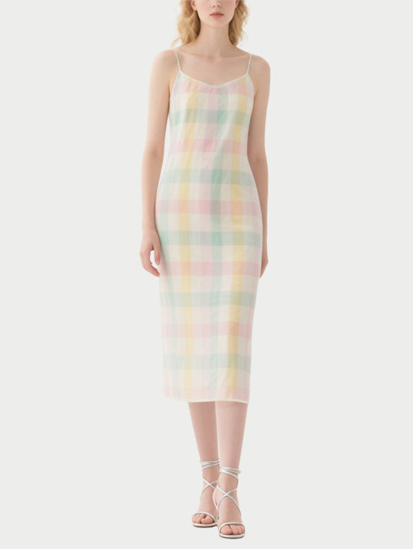 Pastel Checkered Slip Midi Dress Women's Sweet Summer Dress