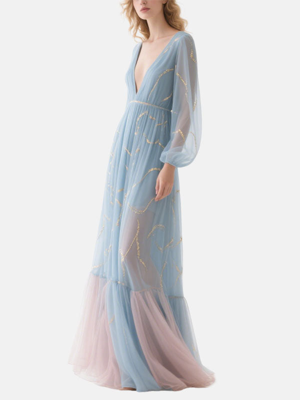 Light Blue Formal Dress Sheer Sleeve Tulle Gown