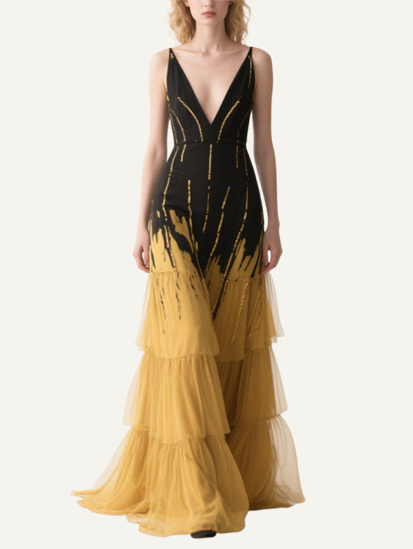 Black & Gold Ombre Plunge Neck Ruffled Gown