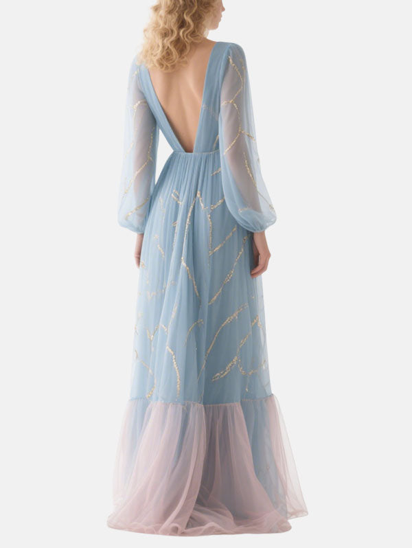 Light Blue Formal Dress Sheer Sleeve Tulle Gown
