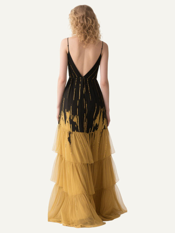 Black & Gold Ombre Plunge Neck Ruffled Gown