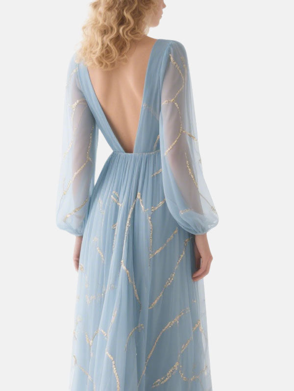 Light Blue Formal Dress Sheer Sleeve Tulle Gown