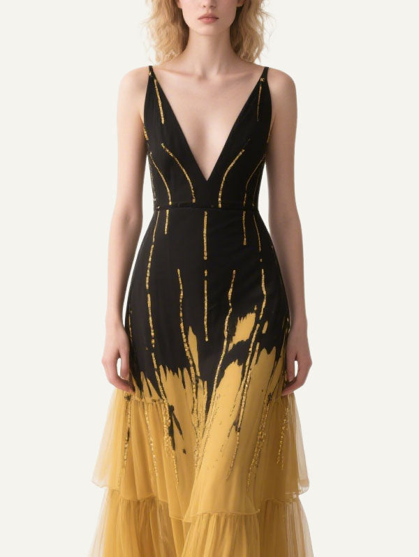 Black & Gold Ombre Plunge Neck Ruffled Gown