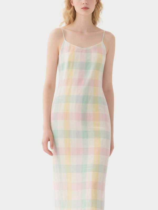 Pastel Checkered Slip Midi Dress Women's Sweet Summer Dress