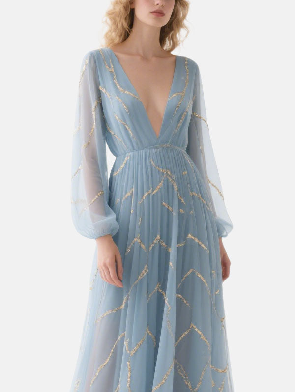 Light Blue Formal Dress Sheer Sleeve Tulle Gown