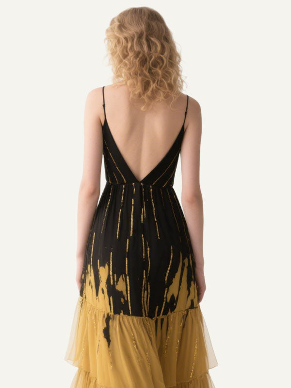 Black & Gold Ombre Plunge Neck Ruffled Gown