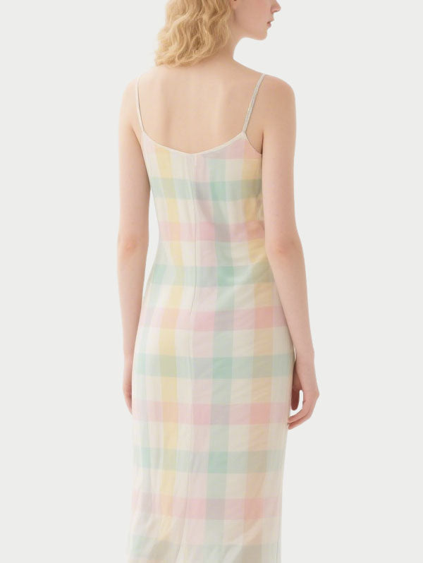 Pastel Checkered Slip Midi Dress Women's Sweet Summer Dress