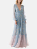 Light Blue Formal Dress Sheer Sleeve Tulle Gown