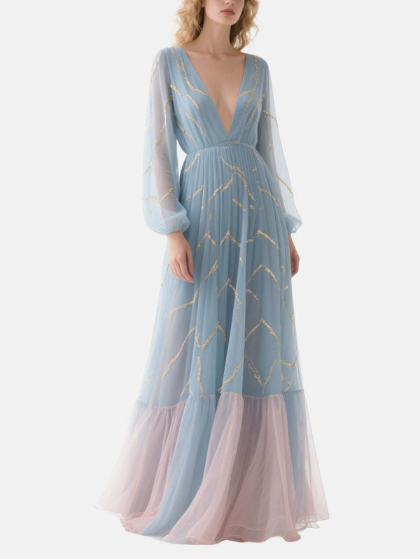 Light Blue Formal Dress Sheer Sleeve Tulle Gown
