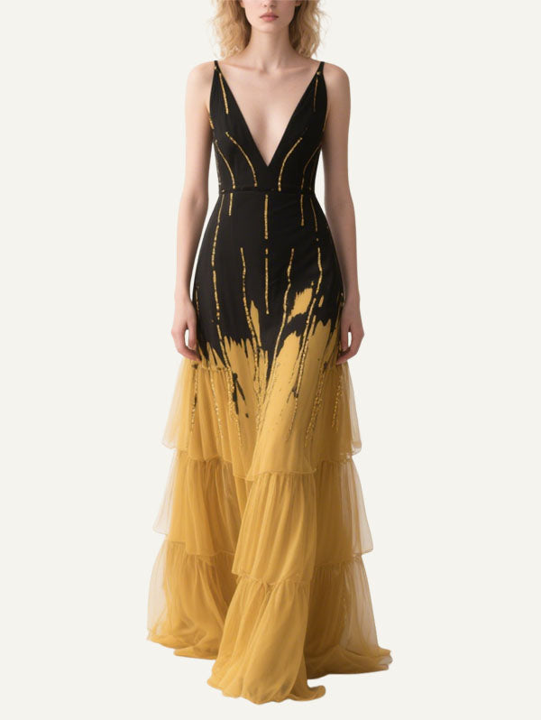 Black & Gold Ombre Plunge Neck Ruffled Gown
