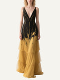 Black & Gold Ombre Plunge Neck Ruffled Gown