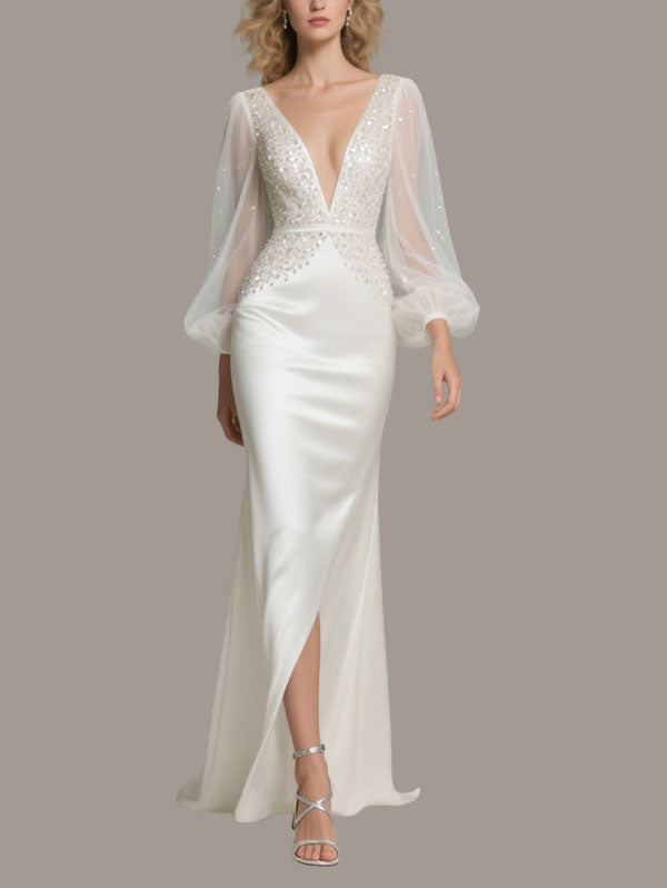 White Satin Embellished Gown Sheer Sleeve Wedding Dress