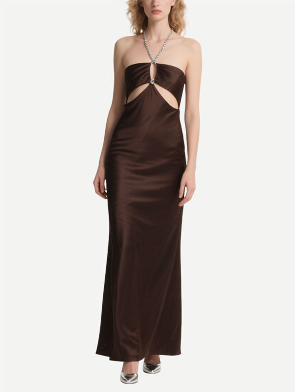 Brown Satin Halter Neck Dress Cut Out Maxi Dress